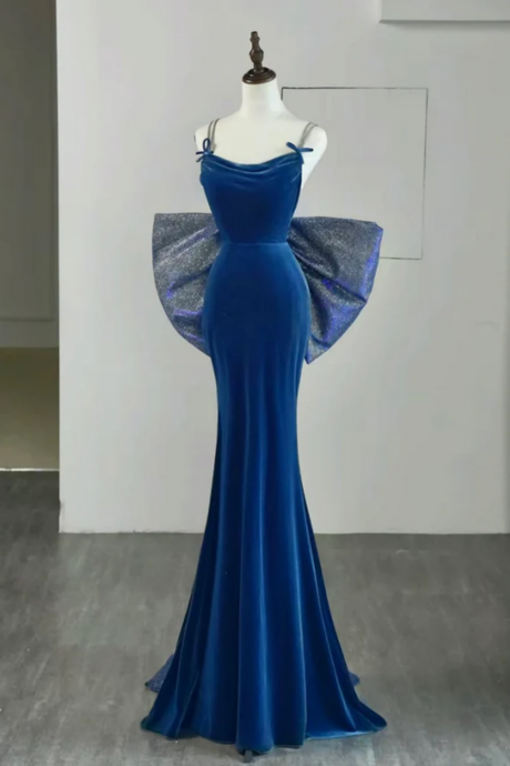 Simple Velvet Blue Mermaid Long Prom Dress, Backless Velvet Blue Evening Dress