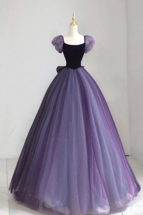 A Line Puff Sleeves Tulle Velvet Purple Long Prom Dress, Purple Long Formal Dress