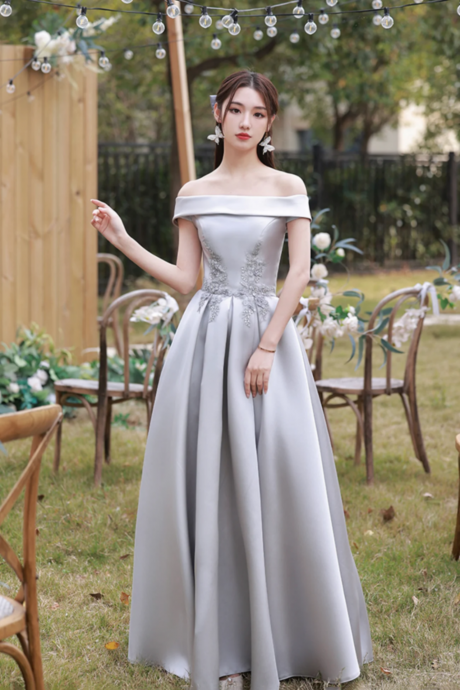 Gray Saitn Lace Long Prom Dress, A Line Evening Dress