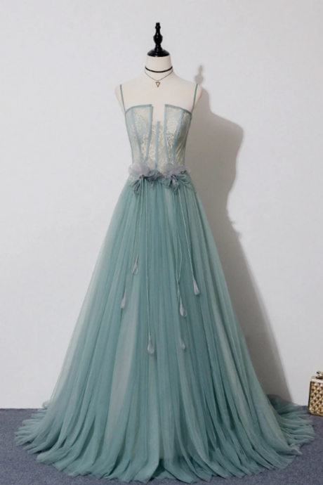 Green Lovely Tulle Straps Long A Line Prom Dresses, Green Evening Dresses