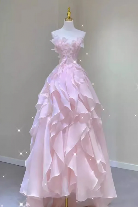 Princess Strapless Long Ball Gown Pink Ruffle Prom Dress, Organza Formal Gown