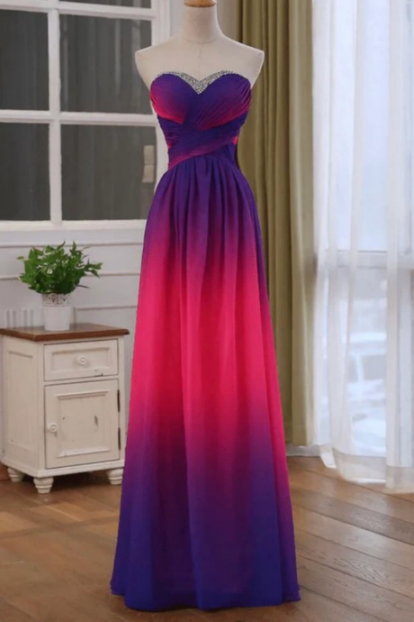 Beads Sweetheart Fuchsia Pink Ombre Chiffon Prom Dress, Long Formal Gown