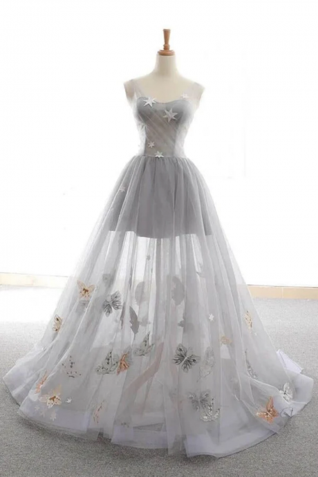 Cute Gray Tulle Star Butterfly Prom Dress Long Lace Up Party Gown