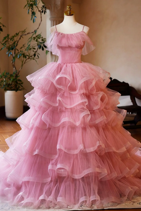 Pink Tulle Layers Long A Line Prom Dress, Pink Spaghetti Strap Sweet 16 Dress Evening Dress