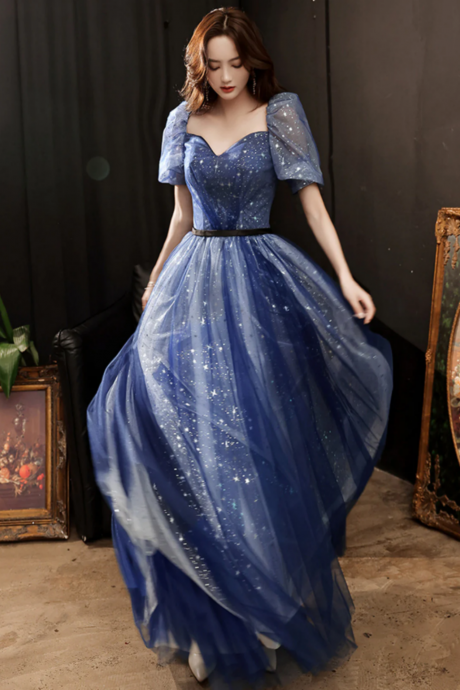 A Line Navy Blue Tulle Long Party Dress, Navy Blue Sweetheart Prom Dress