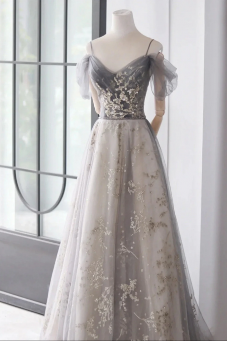 A Line Grey Off Shoulder Sweetheart Tulle Prom Dress, Grey Long Evvening Dress