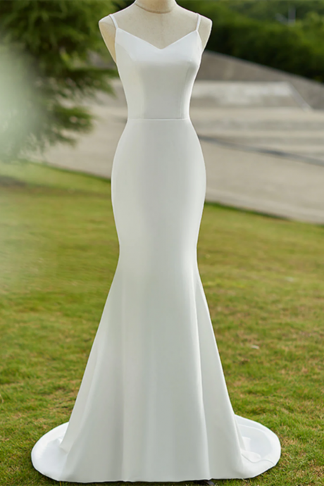 Lovely White Mermaid Straps Long Wedding Party Dress, White Long Formal Dress