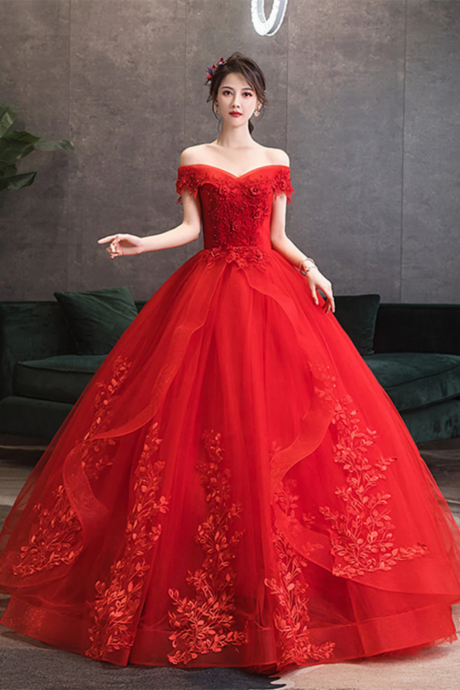 Red Tulle Ball Gown With Lace Sweetheart Long Formal Dress, Red Tulle Evening Dress