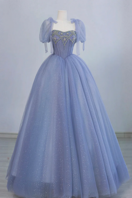 Blue Tulle Beaded Floor Length Prom Dress, A Line Short Sleeve Evening Party Dress