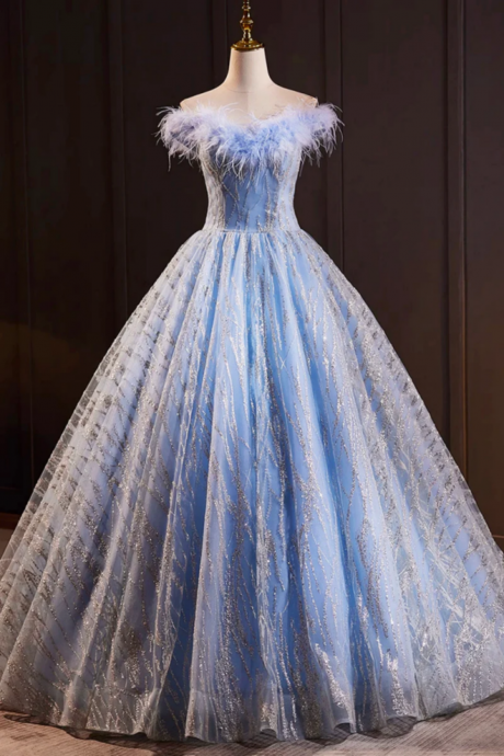 Blue Tulle Sequins Long A Line Prom Dress with Feather, Off the Shoulder Evening Party Dress 