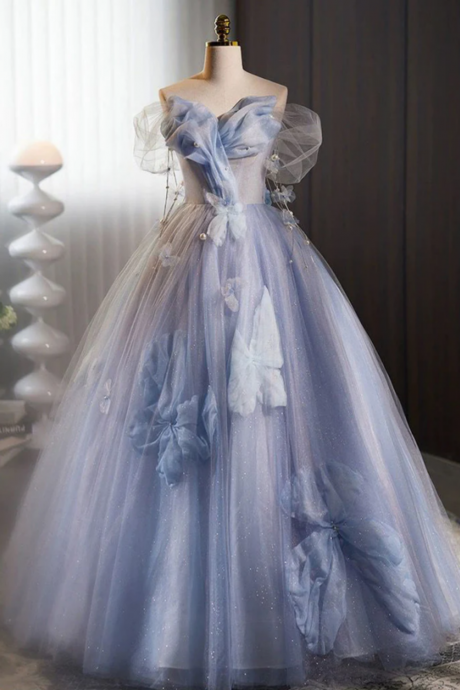 A Line Off Shoulder Tulle Flower Blue Long Prom Dress, Blue Long Formal Dress