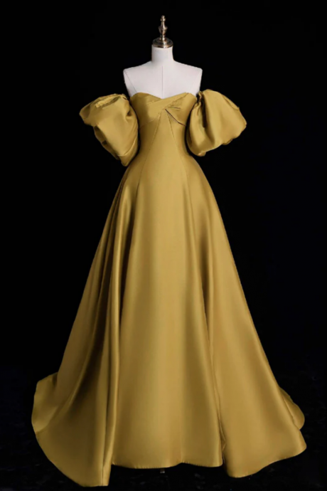 A Line Sweetheart Neck Satin Gold Long Prom Dress, Gold Long Formal Dress