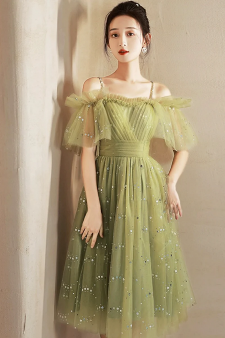 Green Spaghetti Strap Tulle Short Prom Dress, Charming Knee Length A Line Party Dress