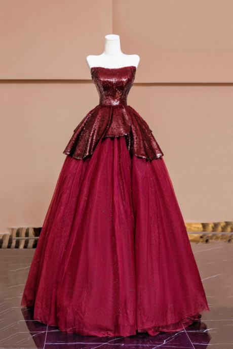 Burgundy Tulle Sequins Long Prom Dress, A Line Strapless Evening Party Dress