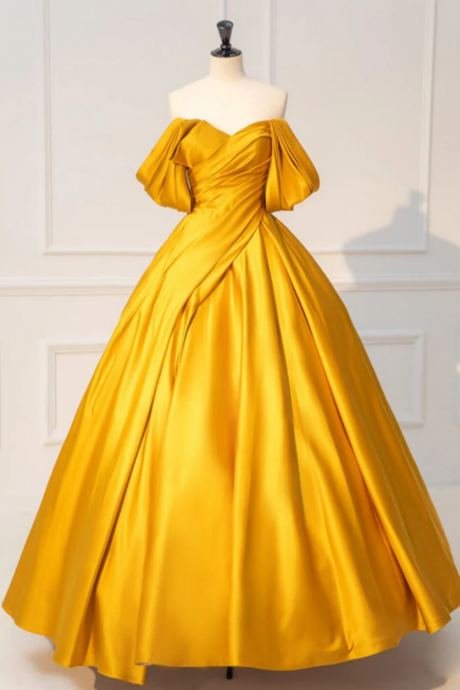 A Line Off Shoulder Satin Yellow Long Prom Dress, Yellow Long Formal Dress