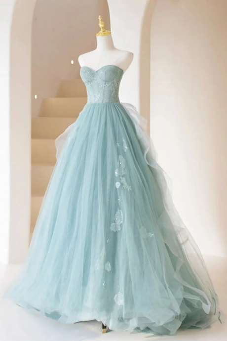 A Line Tulle Strapless Long Prom Dress, A Line Tulle Formal Evening Dress