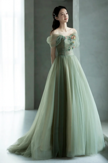 Green Tulle Long Prom Dress, Lovely A Line Off The Shoulder Evening Party Dress
