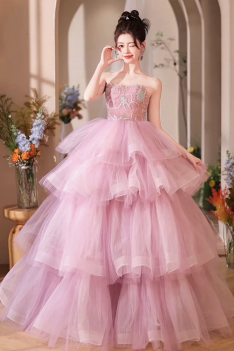 Pink Tulle Layers Long A Line Prom Dress, Pink Sweetheart Neckline Evening Gown