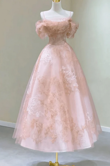 Princess Tea Length Floral Lace Tulle Prom Party Dress, Pink Graduation Dress