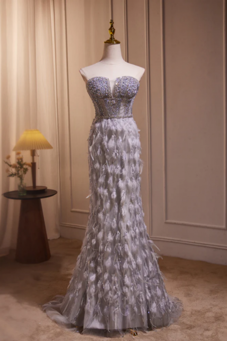 Unique Sweetheart Neck Mermaid Gray Long Prom Dress With Beads Kpp1960
