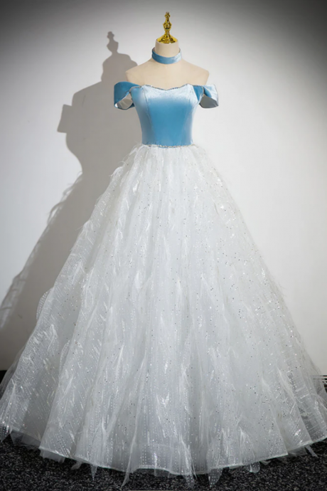 A Line Tulle Lace White Blue Long Prom Dress, White Blue Long Evening Dress