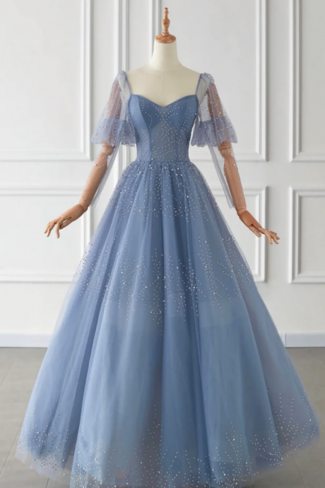 Blue Tulle Beaded Long Sleeve Prom Dress, A Line Blue Evening Party Dress