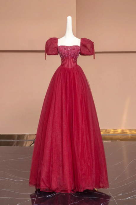 Burgundy Tulle Beaded Floor Length Prom Dress, A Line Short Sleeve Evening Dress