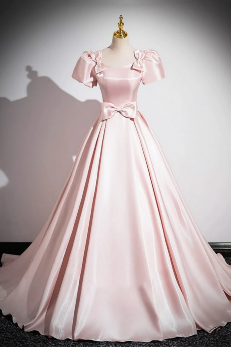 Pink Scoop Neckline Satin Floor Length Prom Dress, Short Sleeve A Line Party Dress