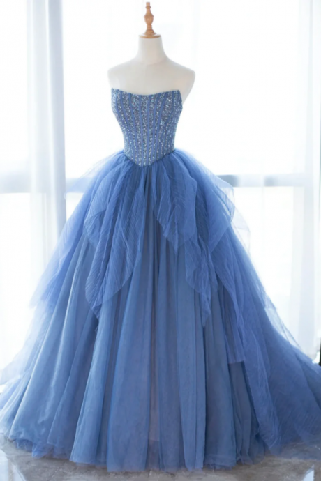 Blue Strapless Tulle Sequins Long Prom Dress, Beautiful A Line Formal Party Dress