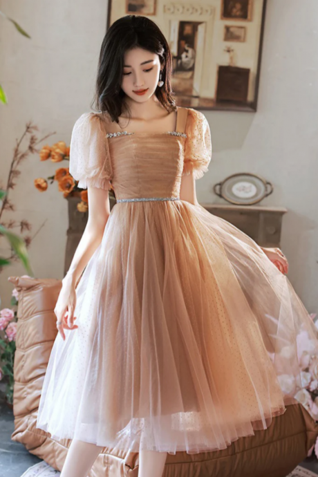 Item Descriptions: A Line Champagne Tulle Short Prom Dress, Champagne Homecoming Dress