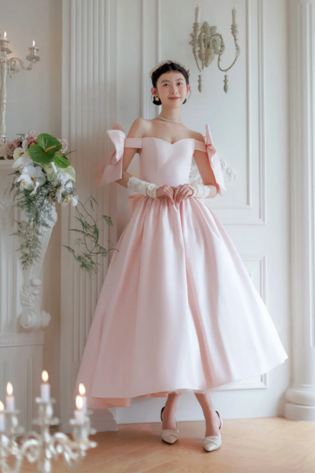 Lovely Satin Tea Length Prom Dress, Pink Off The Shoulder Evening Party Dress With Bows