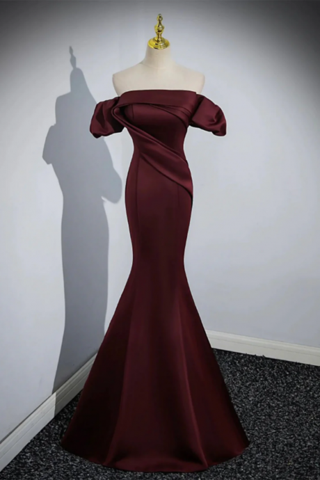 Burgundy Satin Long Sweetheart Beaded Evening Dress, Wine Red Prom Dress