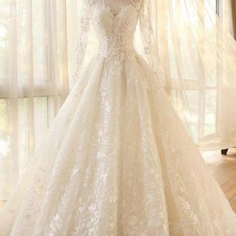 Fabulous Mesh Neckline Long Sleeves A-Line Wedding Dress With Lace Appliques Flowers Long Sleeves KPW0072