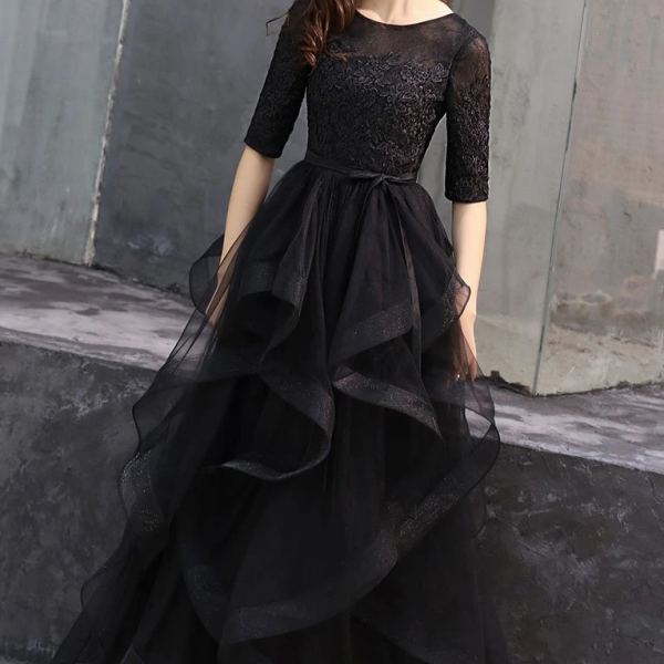 kateprom Black round neck tulle lace long prom dress, black formal dress KPP0500