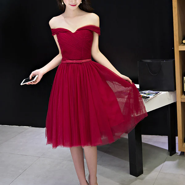 Off the Shoulder Short Burgundy Prom Dresses, Short Wine Red Formal Bridesmaid Dresses
