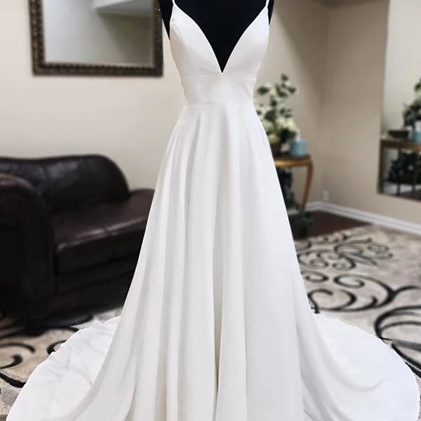 A Line Round Neck White Prom Wedding Dress With Bowknot DMQ57