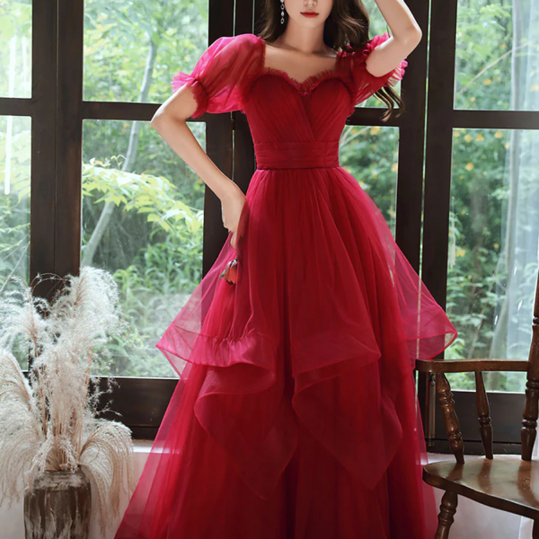 Fairy-tale A Line Off The Shoulder Burgundy Tulle Long Prom Dresses Evening Dresses DP529