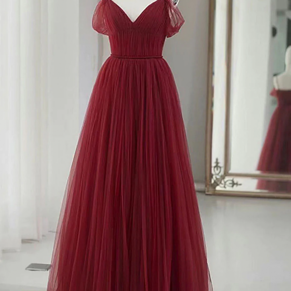 Simple V neck Tulle Burgundy Long Prom Dress, Burgundy Tulle Formal Dresses