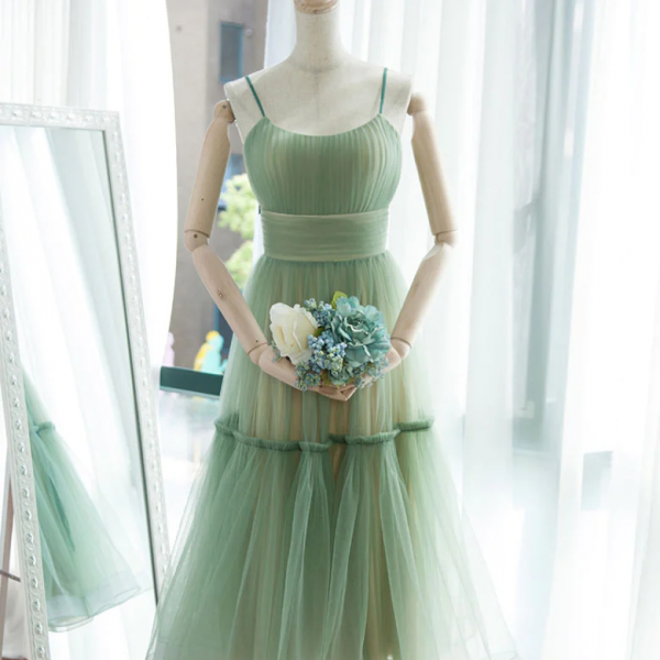 Simple Green Tulle Tea Length Prom Dress, Green Evening Dress