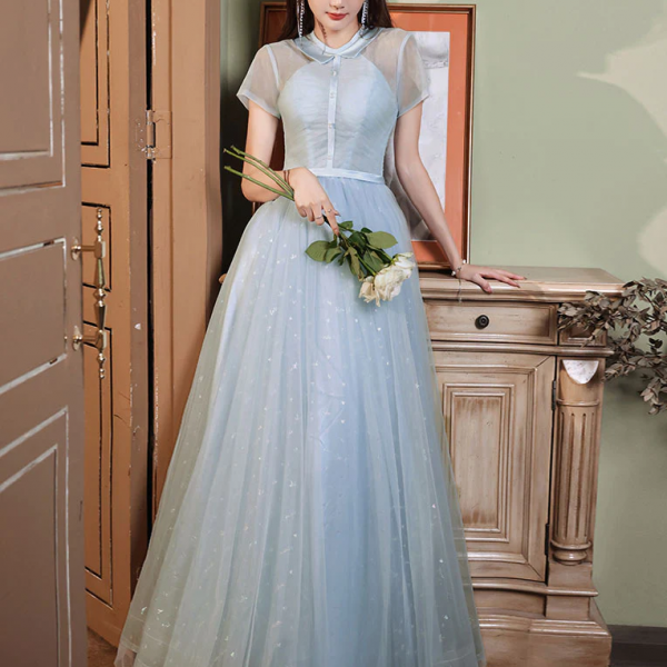 Blue A-line Tulle Long Prom Dress, Tulle Evening Dress