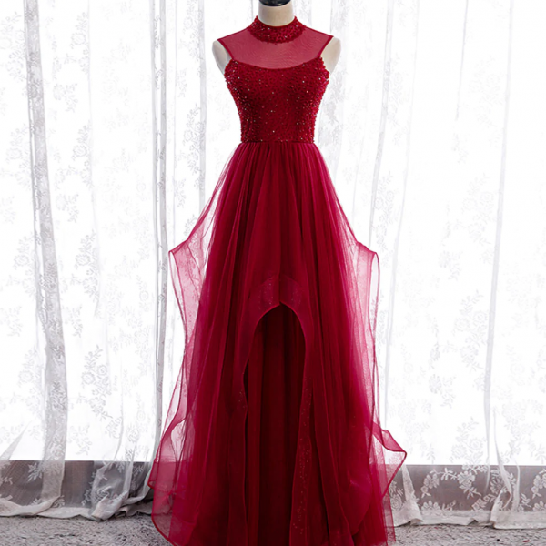 Long Tulle Dresses with Illusion Neckline Burgundy