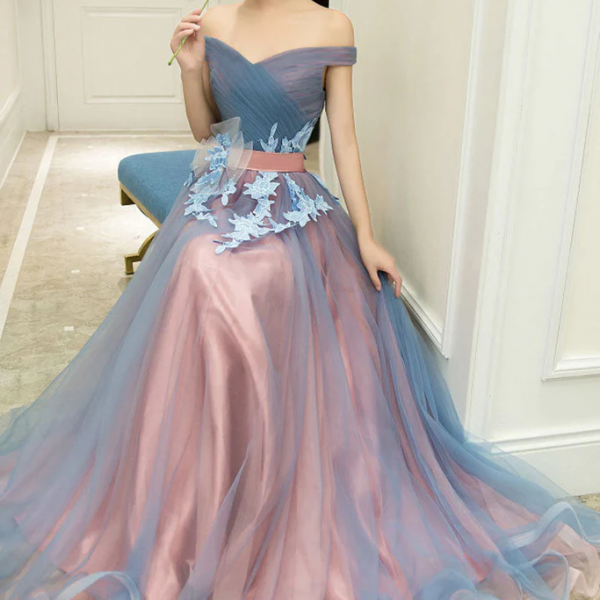 Obsessed A Line Off The Shoulder Tulle Beaded Without Sleeves Long Prom Dress, Evening Dress main image 0