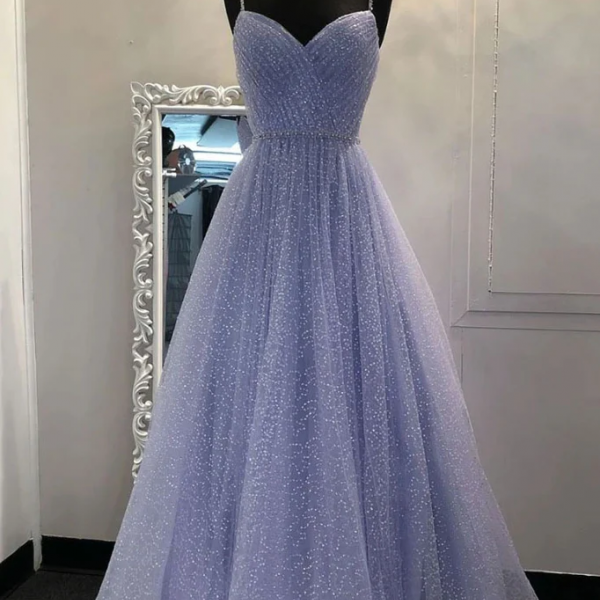 Dusty Blue/Lavender Glitter Long Cross Back Prom Dress