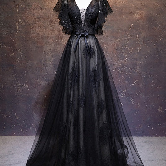 Modest Black Long A-line V-neck Black Prom Dresses Chic Party Dresses ...