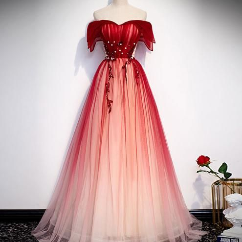 Burgundy off shoulder tulle long prom dress burgundy formal dress C2253