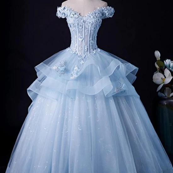 Light Blue Cap Sleeves Lace Top Ball Gown Sweet 16 Gown, Light Blue Prom Dress Formal Dress