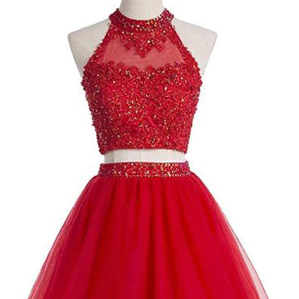 Two Pieces Halter Red Sleeveless Homecoming Dress