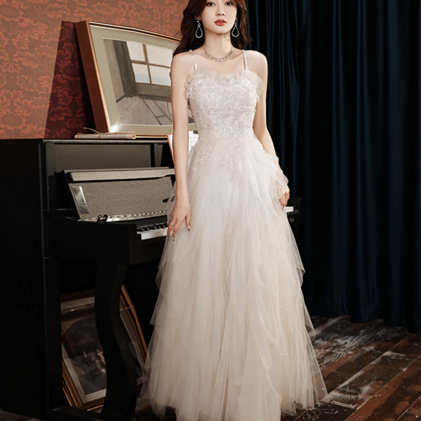 Gorgeous Champagne Tulle Sequins Beaded Sheath Long Prom Dress Evening Dress Y8658