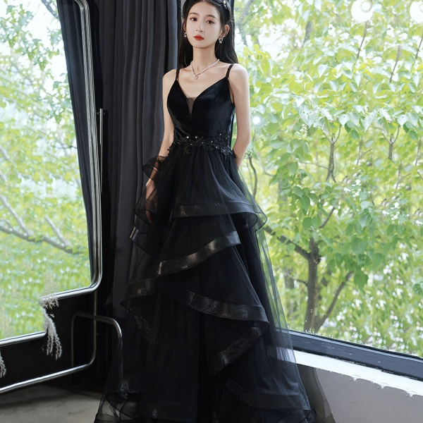 Backless Black Plunging V-Neck Tulle Long Prom Dress cc891 main image 1