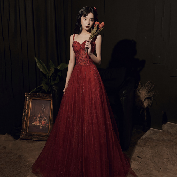 Burgundy sequin long prom dress